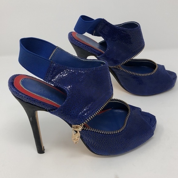 Alexander McQueen Blue Snakeskin Peep Toe Skull Zip Slingback Heels size 34 - Picture 4 of 7